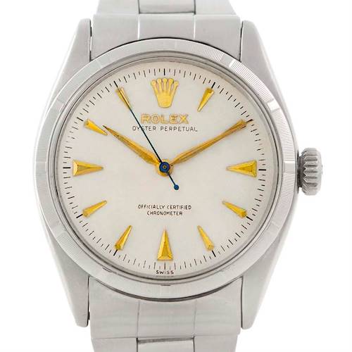 This image shows a frontal view of the Rolex Vintage Collection 6285 Men's Stainless Steel Silver Dial 6285 Men's Stainless Steel Silver Dial model watch, displaying its face, crown, and part of the bracelet.