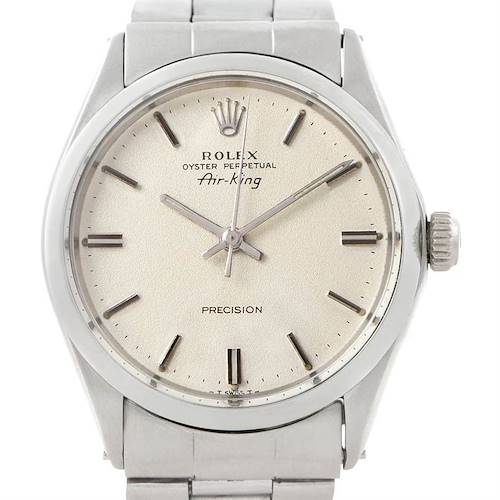 The image shows a front angle view of a Rolex Vintage Collection 5500 Men's Stainless Steel Silver Dial 5500 Men's Stainless Steel Silver Dial Air-King watch, highlighting its dial and bracelet.