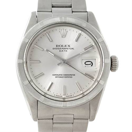 The image shows a front view of the Rolex Vintage Collection 1501 Men's Stainless Steel Silver Dial 1501 Men's Stainless Steel Silver Dial Oyster Perpetual Date watch, displaying the dial, bezel, crown, and bracelet.