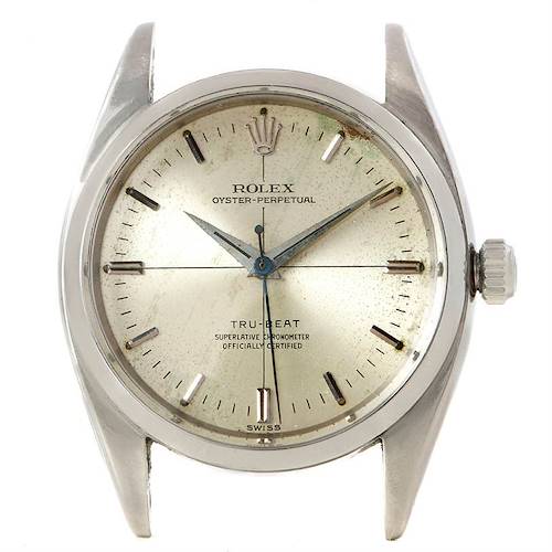 The image shows a front view of the Rolex Vintage Collection 6556 Men's Stainless Steel Silver Dial 6556 Men's Stainless Steel Silver Dial model's face, including its dial, hands, crown, and markers.