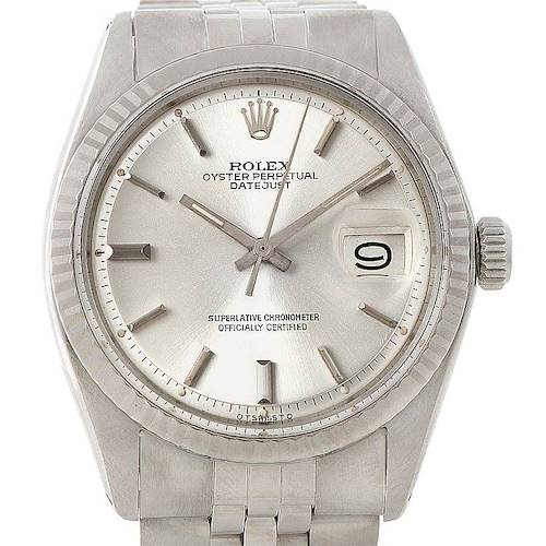 The image shows a frontal view of a Rolex Vintage Collection 1601 Men's Stainless Steel Silver Dial 1601 Men's Stainless Steel Silver Dial Oyster Perpetual Datejust watch, highlighting the dial, bezel, and bracelet.