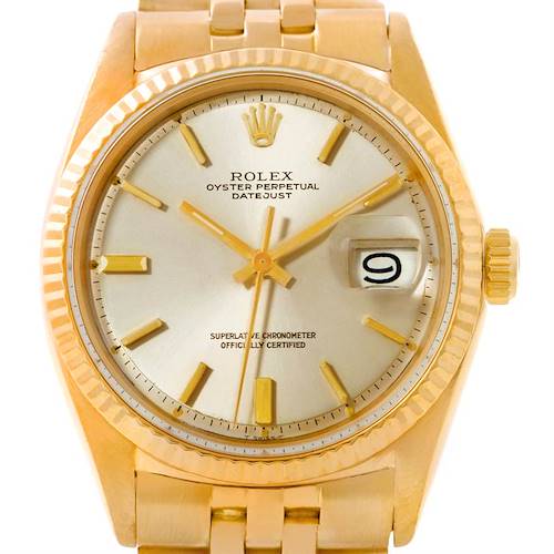 This image shows a frontal view of a Rolex Vintage Collection 1601 Men's Yellow Gold Silver Dial 1601 Men's Yellow Gold Silver Dial Datejust watch, highlighting its dial, hands, date window, and bracelet.