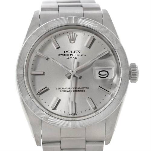 The image shows a front view of the Rolex Oyster Perpetual Date from the Vintage Collection, highlighting its face and bracelet.