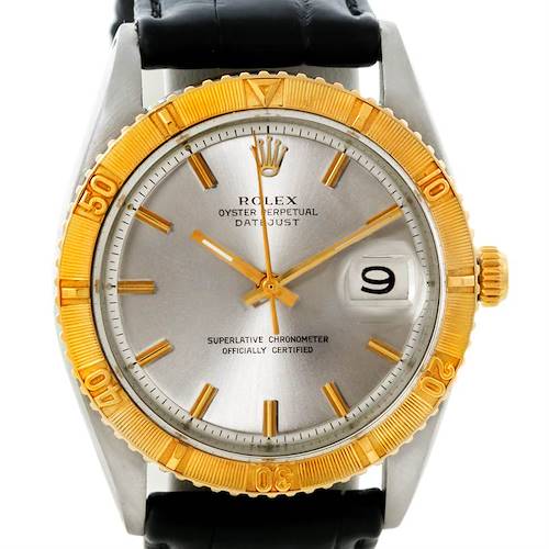 The image shows a Rolex Vintage Collection 1625 Men's Steel and Gold (two tone) Silver Dial 1625 Men's Steel and Gold (two tone) Silver Dial Oyster Perpetual Datejust watch with a gold bezel and silver dial, viewed directly from the front.