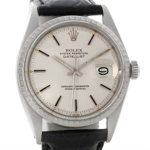 This image shows a front view of the Rolex Vintage Collection 1603 Men's Stainless Steel Silver Dial 1603 Men's Stainless Steel Silver Dial Oyster Perpetual Datejust, highlighting the dial, date window, and bezel.