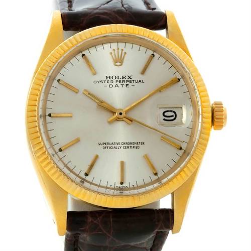 This image shows the front view of a Vintage Collection Rolex Oyster Perpetual Date watch with a brown leather strap.