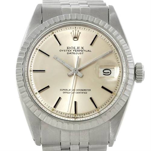 The Rolex Vintage Collection 1603 Men's Stainless Steel Silver Dial 1603 Men's Stainless Steel Silver Dial watch is shown from the front, highlighting its dial, hands, date window, and part of the bracelet.