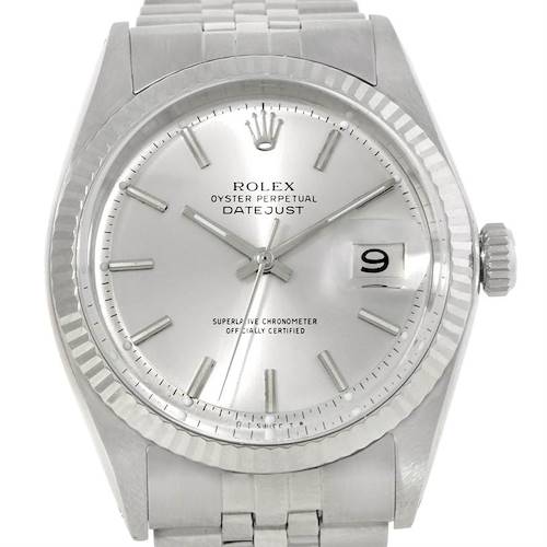 The image displays a front view of the Rolex Vintage Collection 1601 Men's Stainless Steel Silver Dial 1601 Men's Stainless Steel Silver Dial Datejust watch, showing the dial, bezel, hands, and date window.
