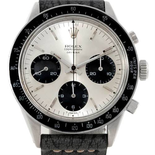 The image shows a front view of a Rolex Vintage Collection 6239 Men's Stainless Steel Silver Dial 6239 Men's Stainless Steel Silver Dial Cosmograph Daytona watch with black subdials and a black bezel.