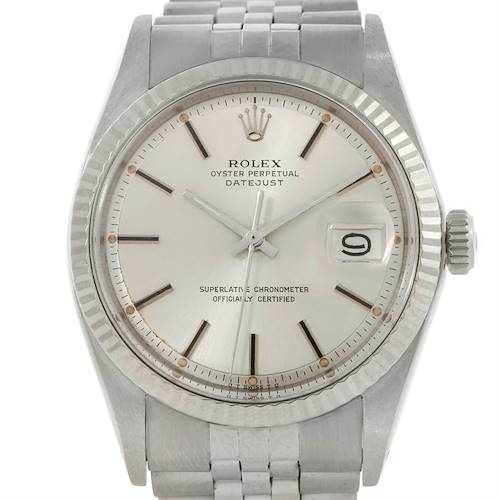 The image shows a front view of the Rolex Oyster Perpetual Datejust Vintage Collection watch displaying the dial, bezel, and bracelet.