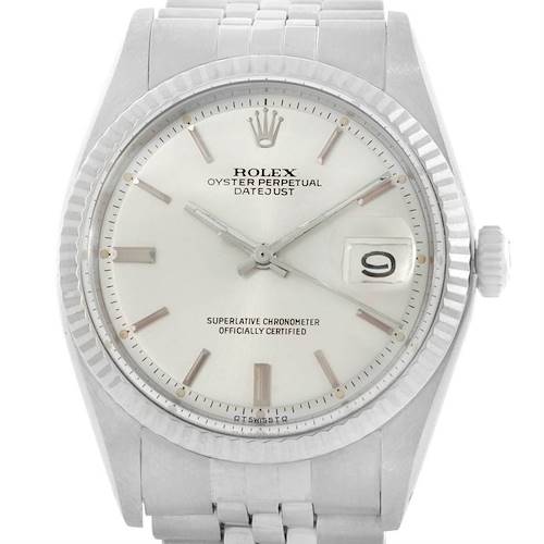 The image shows a front view of the Rolex Vintage Collection 1601 Men's Stainless Steel Silver Dial 1601 Men's Stainless Steel Silver Dial Oyster Perpetual Datejust watch, including the face, bezel, and part of the bracelet.