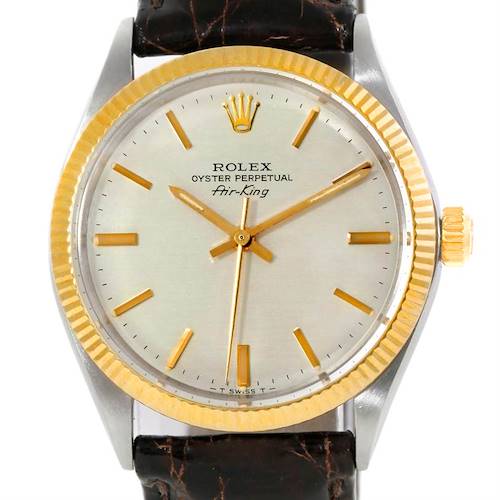 This image shows a close-up of the Rolex Vintage Collection 5501 Men's Steel and Gold (two tone) Silver Dial 5501 Men's Steel and Gold (two tone) Silver Dial Air-King watch face, including the bezel, hands, and crown.