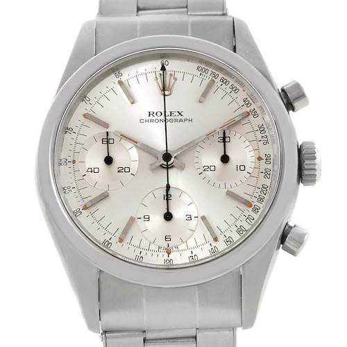 This image shows a front view of a Rolex Vintage Collection 6238 Men's Stainless Steel Silver Dial 6238 Men's Stainless Steel Silver Dial Chronograph watch, displaying the face, bezel, and part of the bracelet.