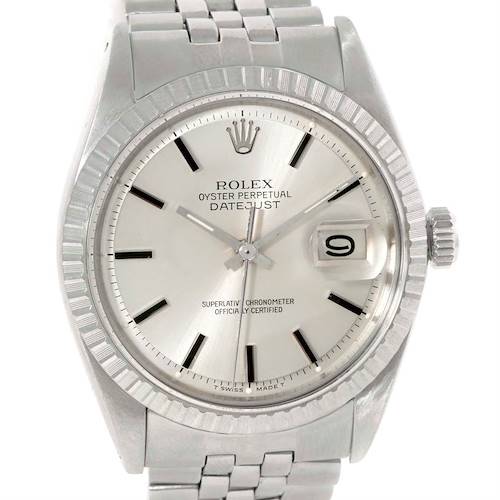 The image shows a front view of a Rolex Vintage Collection 1601 Stainless Steel Silver Dial 1601 Stainless Steel Silver Dial Oyster Perpetual Datejust watch, displaying the face, bezel, and bracelet.