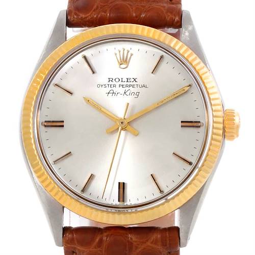 The image shows a Rolex Vintage Collection 5501 Men's Steel and Gold (two tone) Silver Dial 5501 Men's Steel and Gold (two tone) Silver Dial Oyster Perpetual Air-King watch with a leather strap and a gold bezel, viewed from the front.