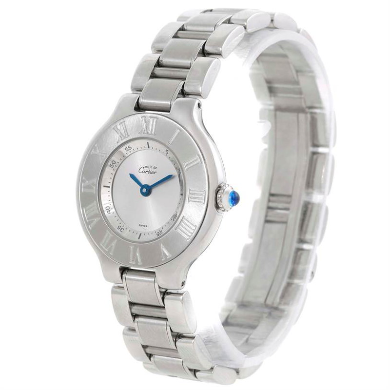 This image shows a Cartier Must 21 W10109T2 Men's Stainless Steel Silver Dial W10109T2 Men's Stainless Steel Silver Dial watch at a slight angle, depicting the face, bracelet, and crown.