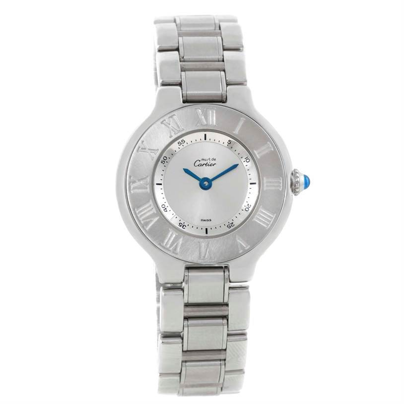 The image shows a front view of the Cartier Must 21 W10109T2 Men's Stainless Steel Silver Dial W10109T2 Men's Stainless Steel Silver Dial watch, highlighting the dial, bezel, and stainless steel bracelet.