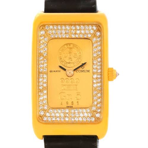 The image shows a Corum Women's Yellow Gold Champagne Dial Women's Yellow Gold Champagne Dial 18K Yellow Gold Diamond 5 Gram Ingot 999.9 Watch model from the front, highlighting the dial and bezel.