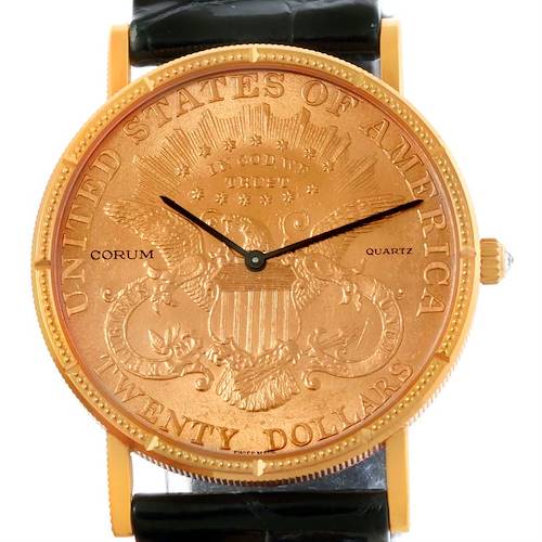This image shows a head-on view of the Corum Coin Watch 4414556 Men's Yellow Gold Black Dial 4414556 Men's Yellow Gold Black Dial model, highlighting its dial resembling a gold coin with black leather strap.