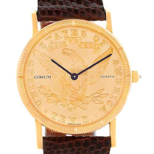 The image shows a front view of the Corum Women's Yellow Gold Black Dial Women's Yellow Gold Black Dial 18K Yellow Gold 10 Dollars Coin Diamond Ladies Watch, highlighting the face and leather strap.