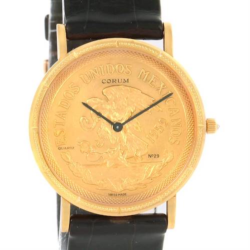 The image shows a front view of a Corum Coin Watch Men's Yellow Gold Champagne Dial Men's Yellow Gold Champagne Dial model, displaying the face and strap.