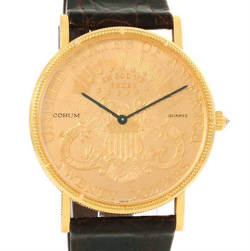 This image shows the face and part of the strap of the Corum Coin Watch Men's Yellow Gold Black Dial Men's Yellow Gold Black Dial model.