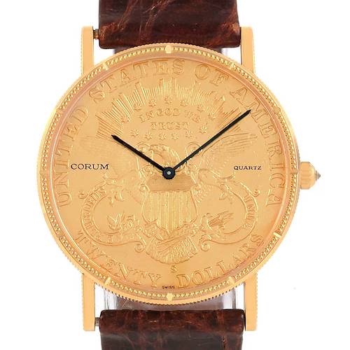 This image shows the face and straps of a Corum Coin Watch Men's Yellow Gold Black Dial Men's Yellow Gold Black Dial model from a straight-on angle.