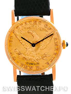 The image shows a front view of the Corum Women's Yellow Gold Black Dial Women's Yellow Gold Black Dial Vintage Ladies 18K Yellow Gold 10 Dollars Coin Watch, highlighting its coin dial and black strap.