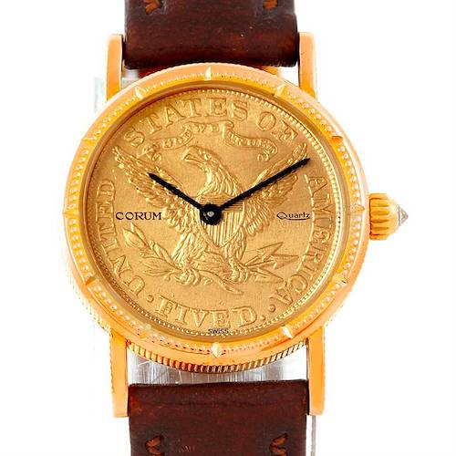 This image shows the front view of a Corum Women's Yellow Gold Black Dial Women's Yellow Gold Black Dial Vintage Ladies 18K Yellow Gold 5 Dollars Coin Watch with a leather strap.