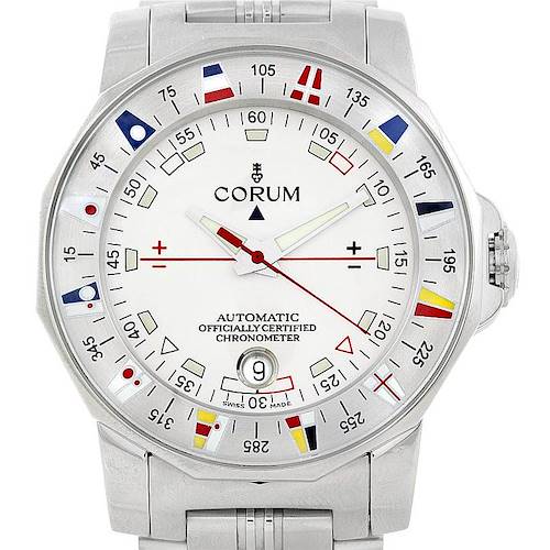 The Corum Admirals Cup 982.630.20 Men's Stainless Steel Silver Dial 982.630.20 Men's Stainless Steel Silver Dial watch is shown from a front angle, displaying its dial, hands, and case.