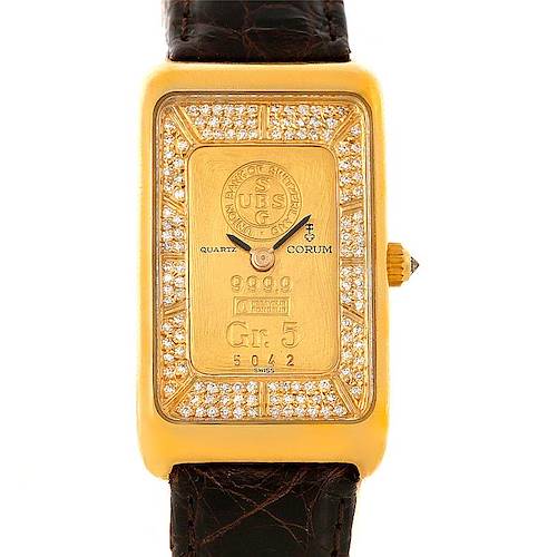 The image shows a front view of the Corum 42456 Women's Yellow Gold Champagne Dial 42456 Women's Yellow Gold Champagne Dial 18K Yellow Gold Diamond 5 Gram Ingot 999.9 watch with a rectangular face and diamond accents.