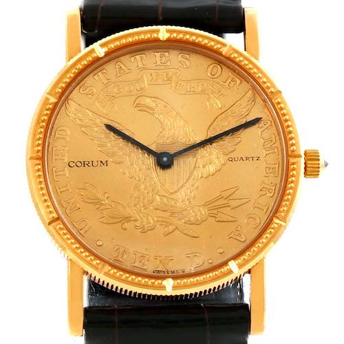 This Corum Women's  Women's  18K Yellow Gold 10 Dollars Coin Diamond Ladies Watch Unworn model is shown from a front view featuring the face, dial, and crown.