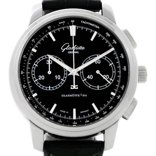 The image shows a frontal view of the Glashütte Original Senator watch, displaying its black dial, tachymeter, and subdials.