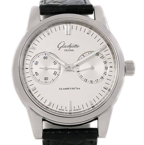 The image shows a front view of the Glashütte Senator model watch with a white dial and black leather strap.