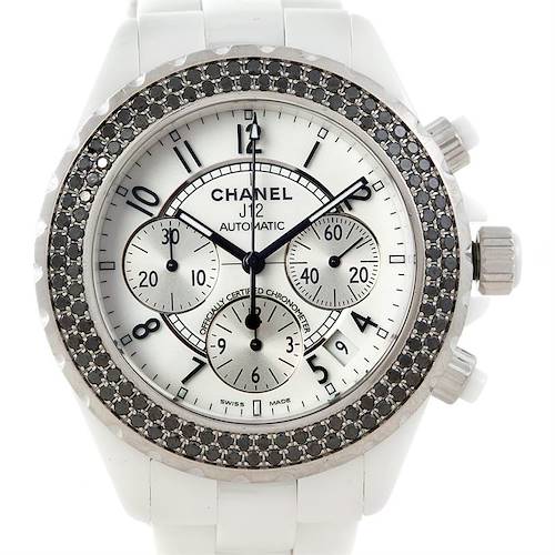 The image shows a front view of the Chanel H1664 Stainless Steel White Dial H1664 Stainless Steel White Dial J12 Chronograph White Ceramic Black Diamond H1664 watch, highlighting its face and bezel.