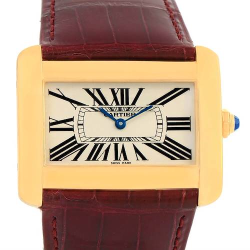 This image shows a Cartier Tank Divan W6300556? Yellow Gold Silver Dial W6300556? Yellow Gold Silver Dial watch from a front angle, highlighting its gold rectangular case, dial, and red leather strap.