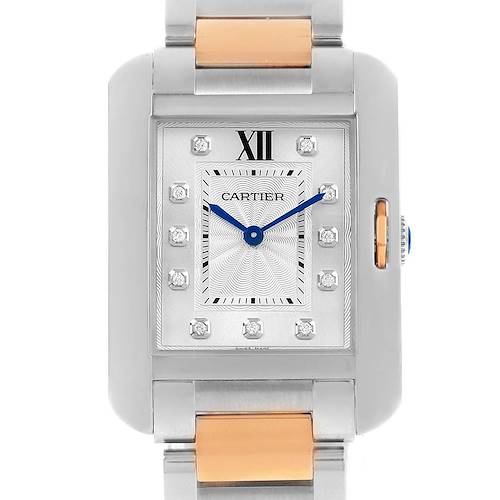 This image shows a frontal view of the Cartier Tank Anglaise WT100032 Women's Steel and Gold (two tone) Silver Dial WT100032 Women's Steel and Gold (two tone) Silver Dial watch, highlighting its dial and part of the bracelet.