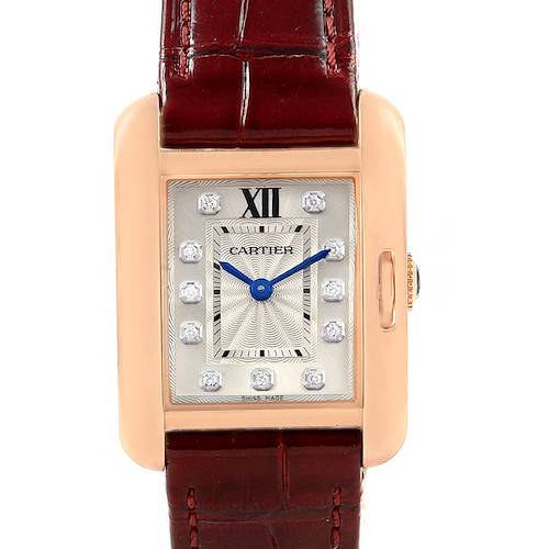 The image shows a Cartier Tank Anglaise WJTA0007 Women's Rose Gold Silver Dial WJTA0007 Women's Rose Gold Silver Dial watch from a front view, highlighting the face, dial, and strap.