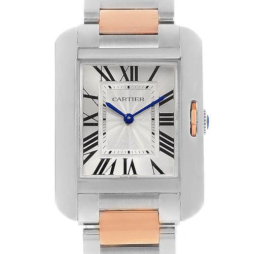 The Cartier Tank Anglaise WT100032 Women's Steel and Gold (two tone) Silver Dial WT100032 Women's Steel and Gold (two tone) Silver Dial watch is shown from a front angle, displaying its dial, case, and part of the bracelet.