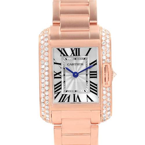 The image shows a front view of the Cartier Tank Anglaise WT100002 Women's Rose Gold Silver Dial WT100002 Women's Rose Gold Silver Dial watch, highlighting its rose gold case, diamond accents, and Roman numeral dial.
