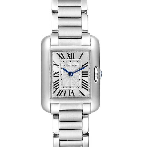 The image shows a front view of the Cartier Tank Anglaise W5310022 Women's Stainless Steel Silver Dial W5310022 Women's Stainless Steel Silver Dial watch, displaying its face and part of the metal bracelet.