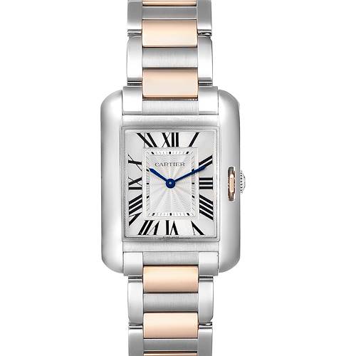 The image shows a Cartier Tank Anglaise WT100032 Women's Steel and Gold (two tone) Silver Dial WT100032 Women's Steel and Gold (two tone) Silver Dial watch's face and bracelet from a top-down angle.