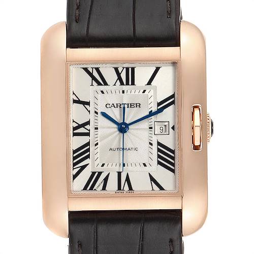 This image shows a front view of a Cartier Tank Anglaise W5310005 Women's Rose Gold Silver Dial W5310005 Women's Rose Gold Silver Dial watch, highlighting its rectangular dial, Roman numerals, and leather strap.
