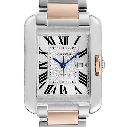 This image shows a straight-on view of the Cartier Tank Anglaise W5310007 Women's Steel and Gold (two tone) Silver Dial W5310007 Women's Steel and Gold (two tone) Silver Dial watch, highlighting its face, roman numerals, date display, and part of the bracelet.