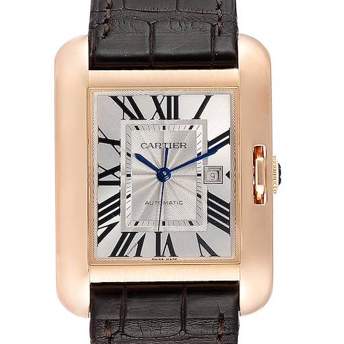 The Cartier Tank Anglaise W5310005 Women's Rose Gold Silver Dial W5310005 Women's Rose Gold Silver Dial watch is shown from a front angle, highlighting its face, case, date window, and part of the leather strap.