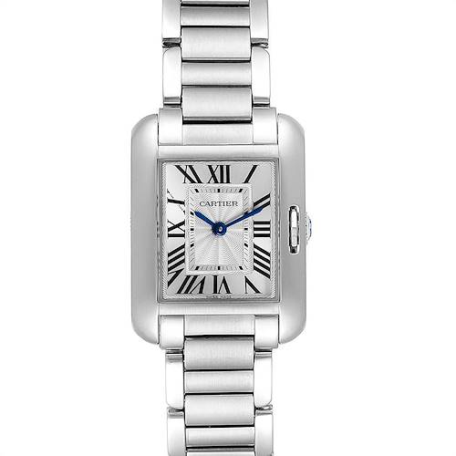 This image shows a front view of the Cartier Tank Anglaise W5310022 Women's Stainless Steel Silver Dial W5310022 Women's Stainless Steel Silver Dial watch, displaying the face, bracelet, and crown.