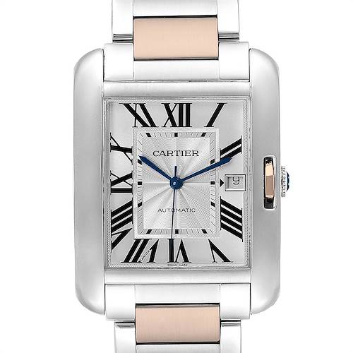This image shows a front view of the Cartier Tank Anglaise W5310007 Women's Steel and Gold (two tone) Silver Dial W5310007 Women's Steel and Gold (two tone) Silver Dial watch, highlighting the dial, bezel, bracelet, and crown.