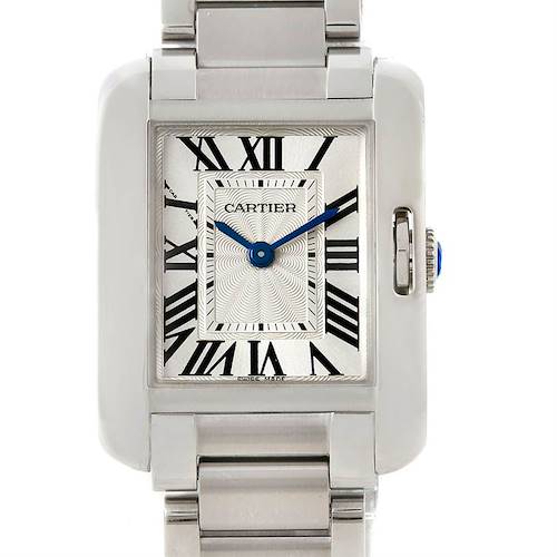 The image shows a frontal view of the Cartier Tank Anglaise W5310022 Women's Stainless Steel Silver Dial W5310022 Women's Stainless Steel Silver Dial watch, highlighting its rectangular face, Roman numerals, and metal bracelet.