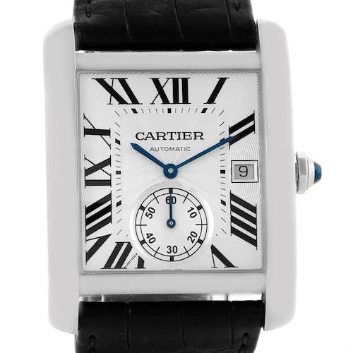 This image shows a head-on view of a Cartier Tank MC W5330003 Men's Stainless Steel Silver Dial W5330003 Men's Stainless Steel Silver Dial watch, displaying its dial, crown, and strap.