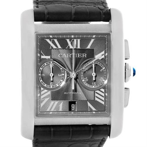 The image shows a frontal view of the Cartier Tank MC W5330008 Men's Stainless Steel Grey Dial W5330008 Men's Stainless Steel Grey Dial watch, highlighting the dial, subdials, and part of the leather strap.